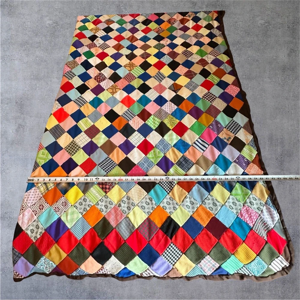 Vintage Unfinished Patchwork Quilt Top 82x80 Multi Color Hand Stitched Square